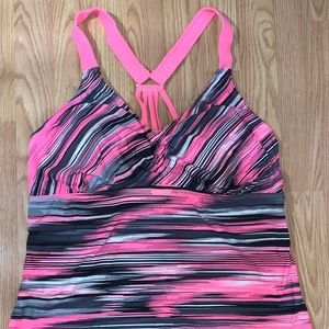 Pink/coral/black striped Tankini